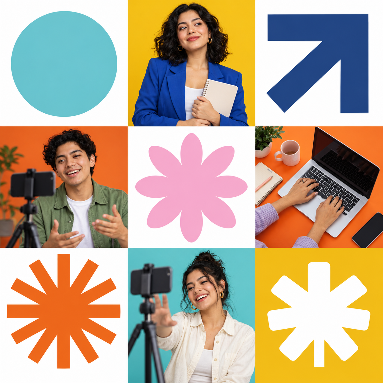 Collage editorial de creadores y recursos visuales
